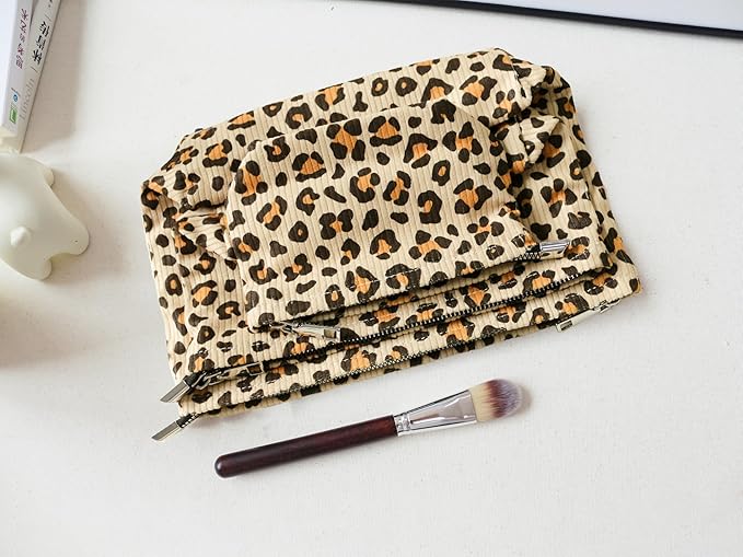 HAPPYHEIDI Leopard Corduroy Makeup Bag Cosmetic Toiletry Travel Pouch Car Organizer, 3-Size, Vintage Brown Coquette Cheetah