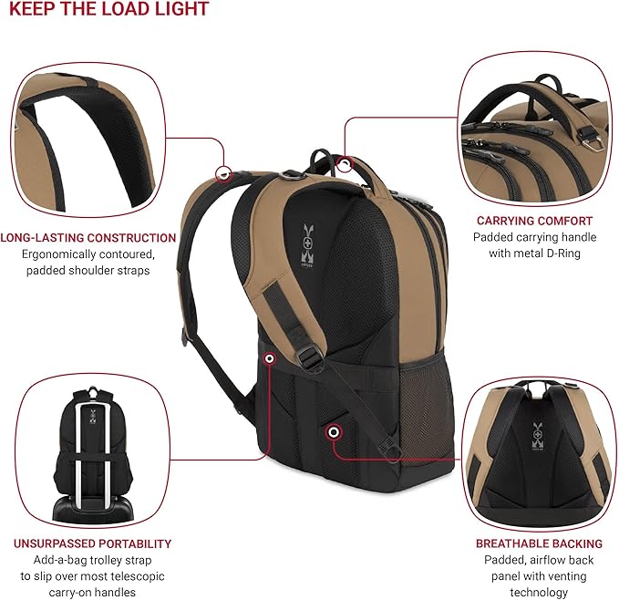 SWISSGEAR Cecil 18-Inch Laptop Backpack Fits 16-Inch Laptop, Travel Daypack with Organizer Pockets, Water Bottle Holders & Padded Straps – Pastel Brown/Black