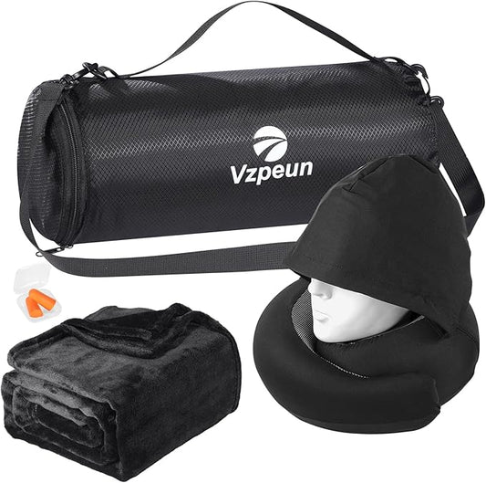 Travel Pillow Blanket Set - Hooded Neck Pillows Airplane with Portable Bag Earplugs, Memory Foam Filling, Long Flights Trip Essentials for Plane, Office, Cars Sleeping