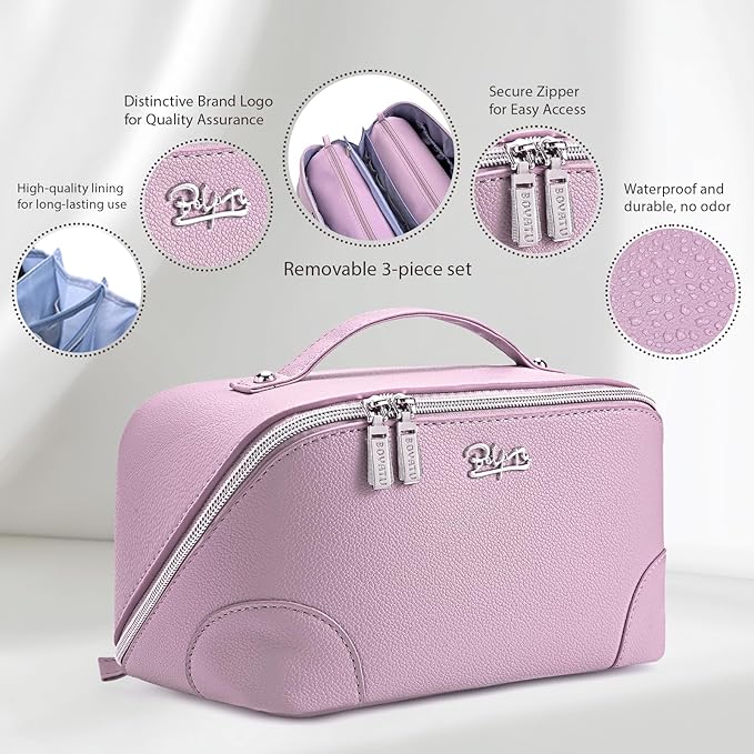 BOYATU Travel Makeup Bag Cosmetic Bags for Women: 3 Pcs Set Large Capacity Make up Bag with Handle - Waterproof Vegan Leather Toiletry Bags Travel Essentials with Compartments(C-4-Purple)