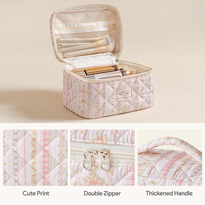 HBselect Quilted Makeup Bag, 3PCS Cotton Large Travel Makeup Bag, Cute Floral Coquette Make up Bag Cosmetic Bag Toiletry Bag for Women Girls