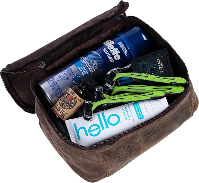 KomalC Leather Toiletry Bag For Men & Women, Handcrafted Travel Kit, Water-Resistant Shaving Bag For Men Travel, Premium Rustic Toiletry Pouch with Zipper Closure (1 Zip Hunter)