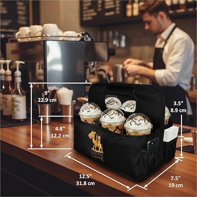 Reusable Drink Carrier with Handle – Durable No-Spill Insulated & Collapsible Beverage Bag with Pockets, Portable Caddy for On-the-Go Delivery, Travel & Car Use (6 Cup Carrier, Jet Black)