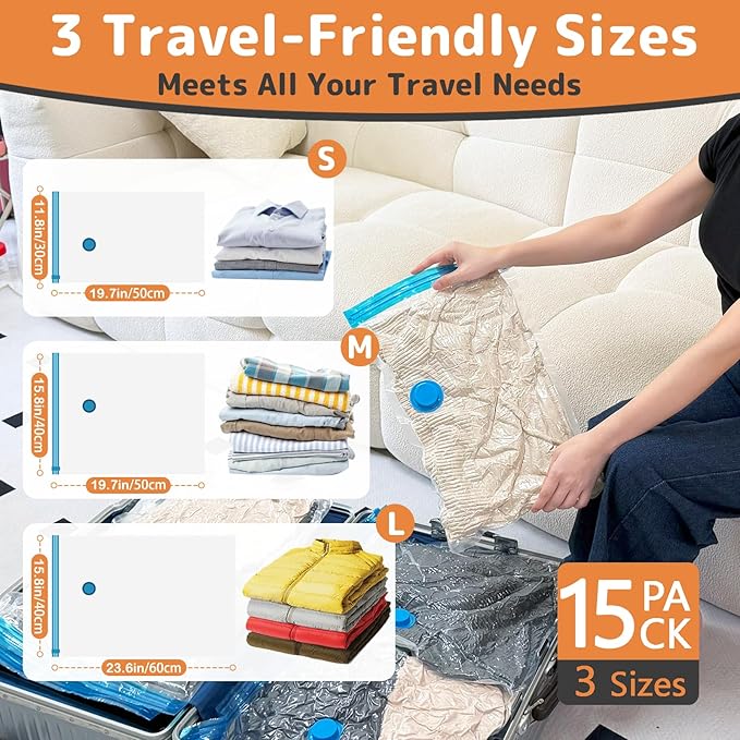 15 Pack Travel Vacuum Bags with Portable Electric Pump, Carry On Vacuum Seal Bags for Luggage and Suitcase, Space Saver Storage for Clothing and Travel Organization