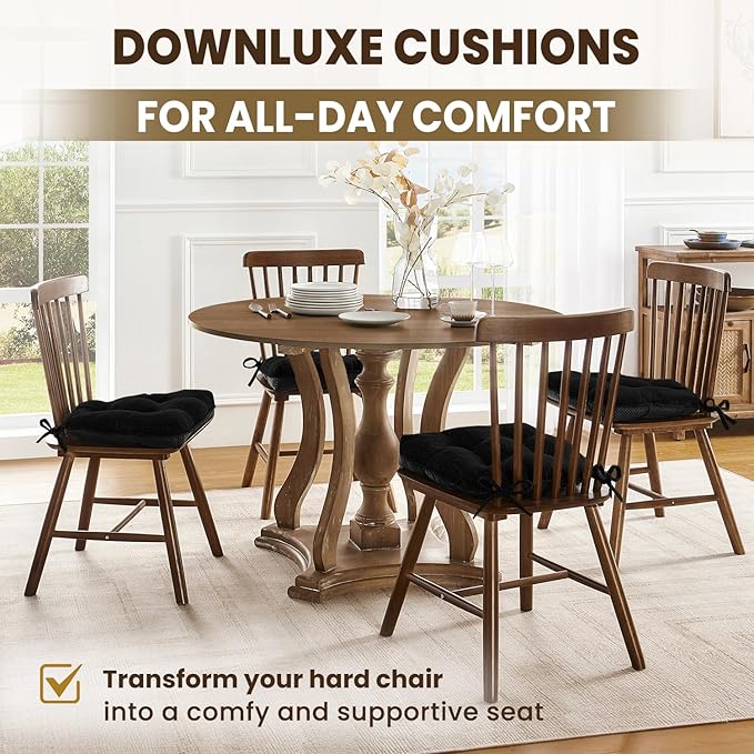 downluxe Indoor Chair Cushions for Dining Chairs, Tufted Overstuffed Textured Foam Kitchen Chair Pads with Ties and Non-Slip Backing, 15.5" x 15.5" x 4", Black, 4 Pack