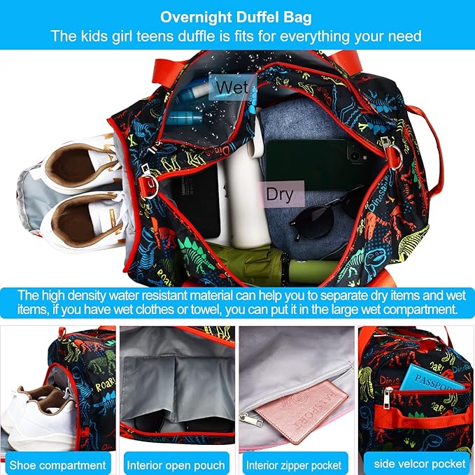 Gym Travel Duffle Bag for Boys - Sports Dance Bag with Shoe Compartment & Wet Pocket Binosaur Kids Travel Bag Teens Weekender Sleepover Carry On Bag