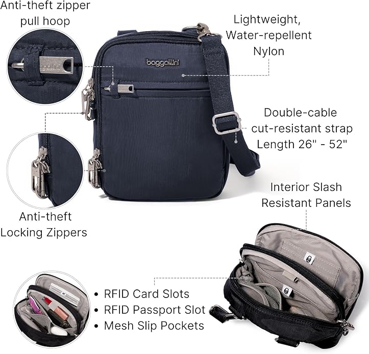 Baggallini Securtex® Anti-theft Mini Everything Crossbody Bag, 6.3"x8.25" Rfid, Locking Zippers & Cut-resistant Strap