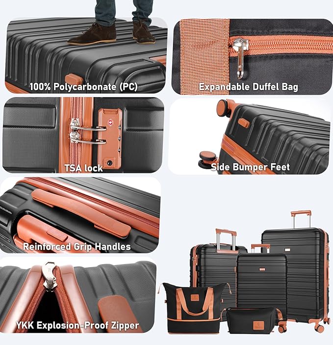 Luggage Set 5 Piece, Polycarbonate Luggage with TSA Locks,sturdy and durable, Carry On Luggage Set Suitable for Family Travel(Black 20/24/28 Inch)