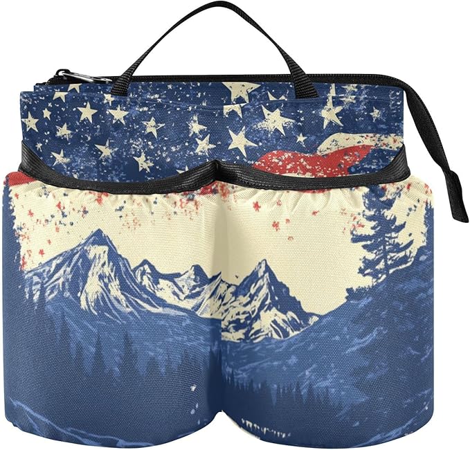 July 4th Flags Mountains Blue Luggage Cup Holder Travel Portable Free Hand Drink Carrier Suitcase Drinks Beverage Holder Carry-On Bottle Mug Holder Organizer Bag Travelers Accessories