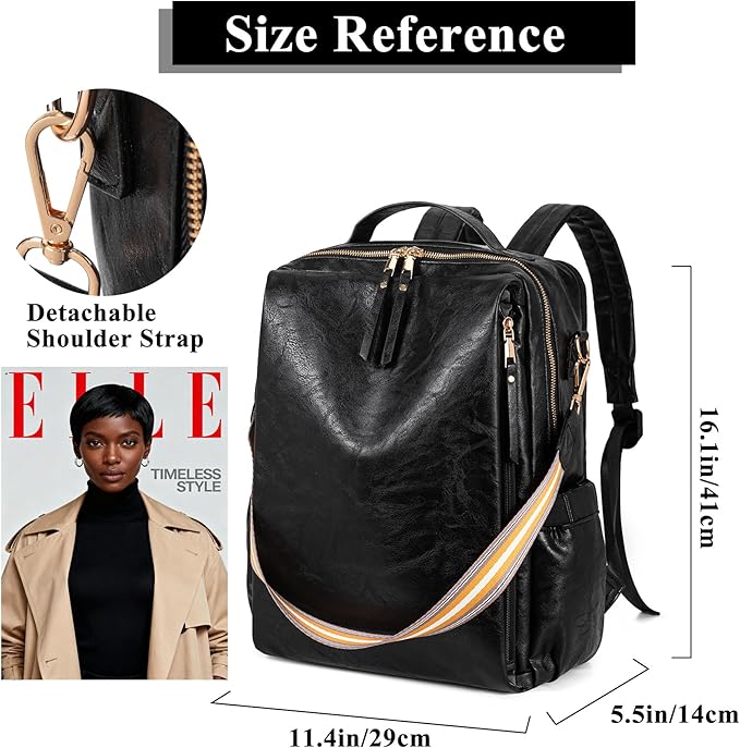 myfriday PU Leather Large Backpack Purse for Women Casual Travel Backpack Convertible Satchel Handbags With Luggage Strap (Black)
