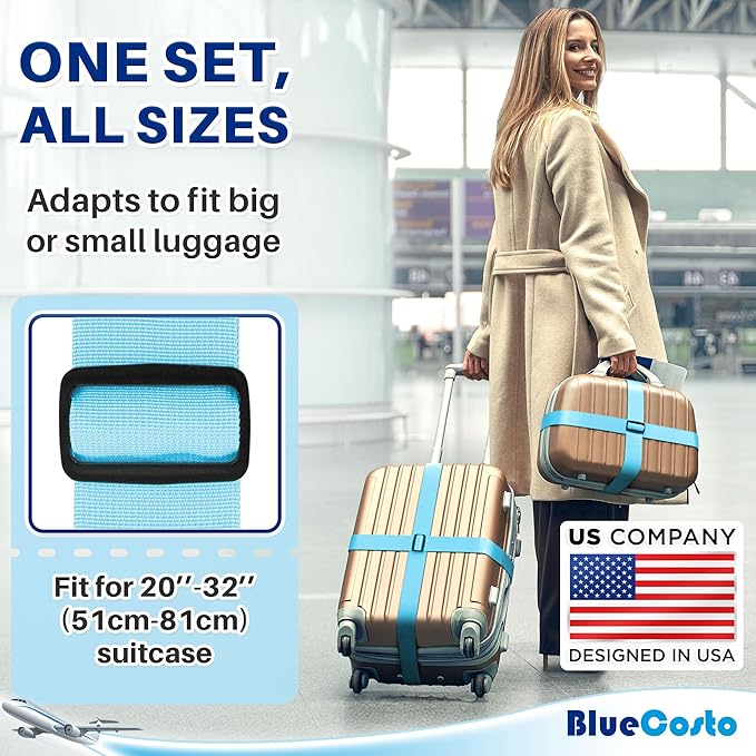 Luggage Straps for Suitcases - TSA Approved - Blue, 20 PK - Bulk Multipack Premium Nylon Belts for Suitcase, Briefcase & Travel Bag - Adjustable Strap Length 46" - 78"