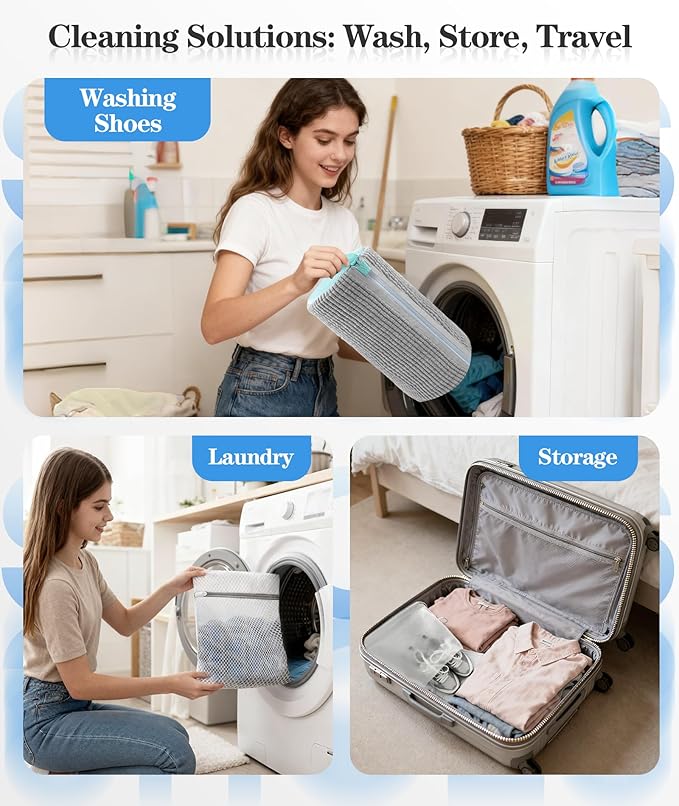 3-IN-1 Laundry & Shoe Washing Machine Bag Kit : Laundry Shoe Bag for Washer and Dryer,Reusable Shoe Cleaning Bag for Sneakers,Tennis,Self-locking Zipper & Microfiber,Include 3 Laundry Bag & 2 Shoe Bag