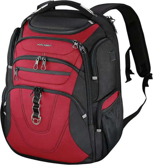KROSER Friendly Travel Laptop Backpack 18.4 inch XXXL Gaming Backpack Water-Repellent College Daypack Business Backpack with RFID Pockets & USB Port for Men/Women-Black/Red