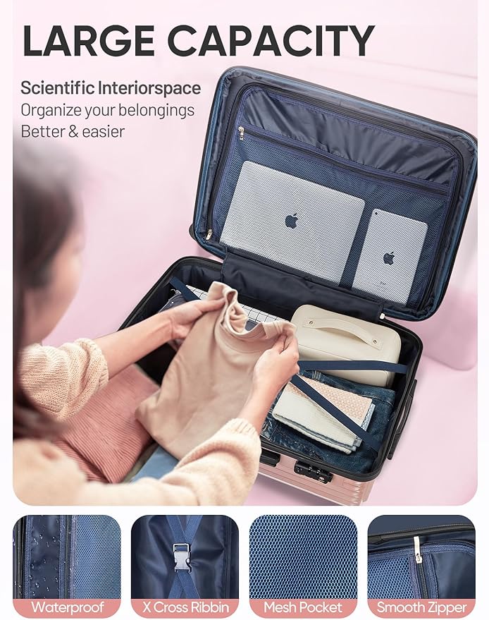 Checked 22 inch Luggage, ABS+PC Hardshell Suitcase Lightweight Large Travel Luggage with Spinner Wheels & TSA Lock