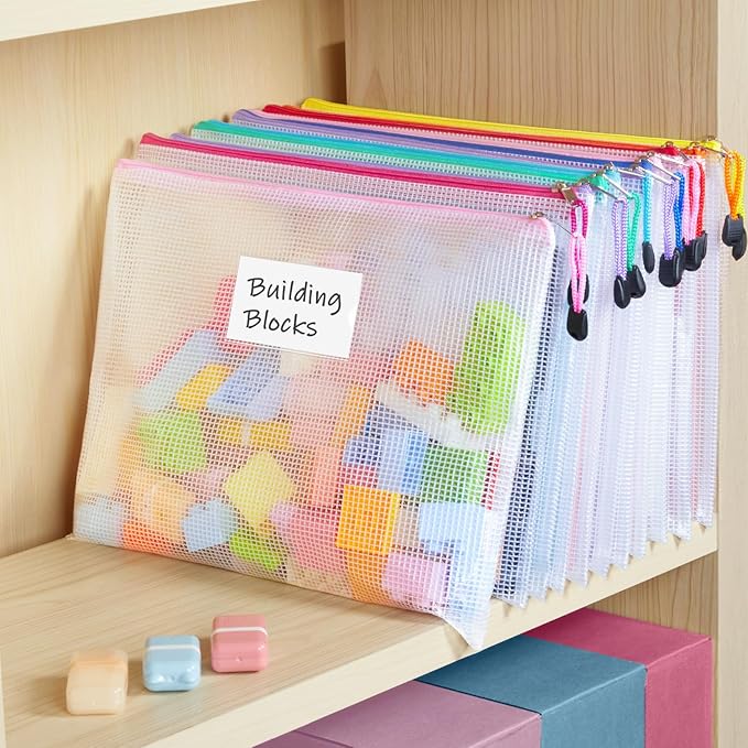 Sooez 20 Pack Mesh Zipper Pouch Bags, A4 Letter Size, Zipper Bags with Label Pocket, Waterproof Pouches for Classroom Organizer, Board Game Toy Storage, Document Bag for Teacher School Office Supplies