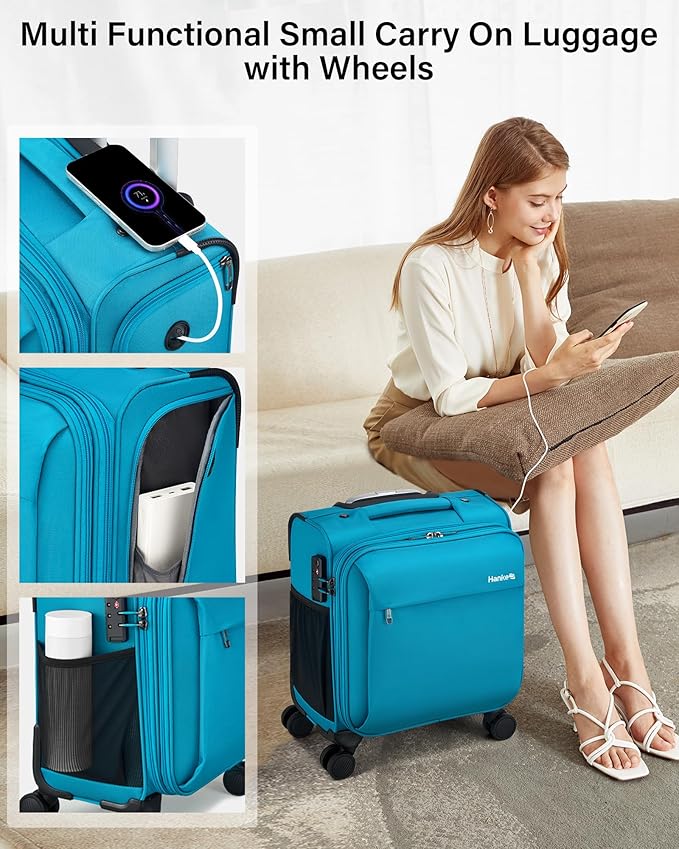Hanke 16 Inch Underseat Carry On Luggage with Wheels Small Suitcase Softside Luggage Bags for Travel Lightweight Suitcases with Wheels Travel Luggage Personal Item for Men and Women(Caribbean Blue)