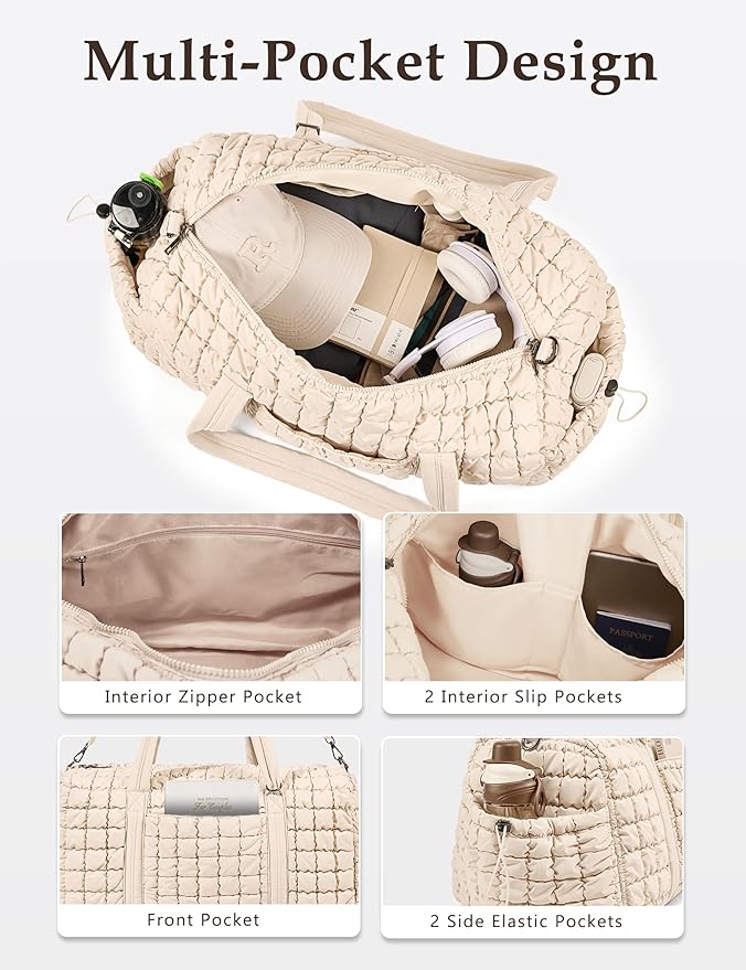 Quilted Travel Duffle Bag for Women Medium Weekender Bag Puffer Overnight Bag Large Soft Puffy Duffel Bag Carry-On Gym Bag Lightweight Personal Item Travel Bag for Trips Business Sport Airplane