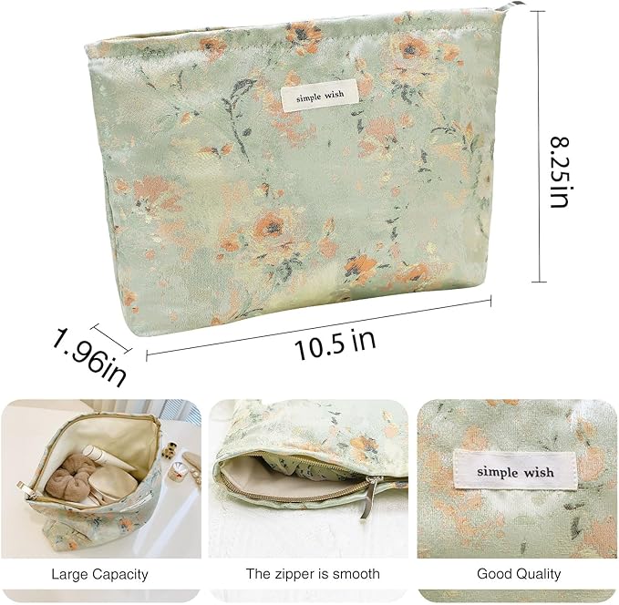 Wudygirl Aesthetic Makeup Bag Large Capacity Cosmetic Bag Canvas Makeup Pouch Toiletry Bag for Women and Girls Travel Floral Make up Bag Makeup Organizer with Zipper (Oli Rose)