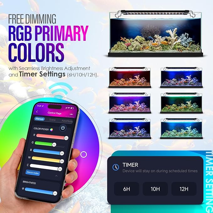 36W Smart Bluetooth App-Controlled Aquarium Light - Customizable Light Colors,Timeable,24/7 User-Defined Sunrise/Sunset Simulation,Tropical Lighting Mode,Suitable for 36-42" Fish Tanks