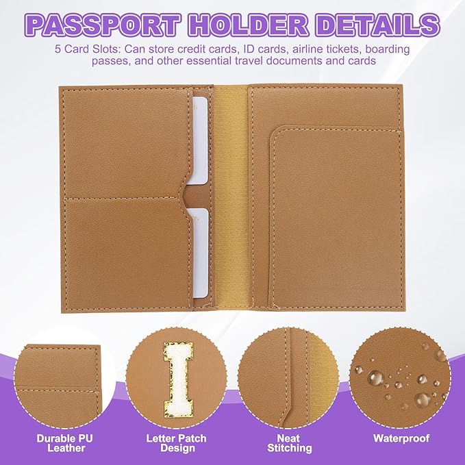 PATIKIL Passport Holder for Travel, Initial Passport Cover and Luggage Tag Set with Alphabet Chenille Letter Patch Travel Wallet Bag Suitcase Identifier for Women Family Travel Brown I