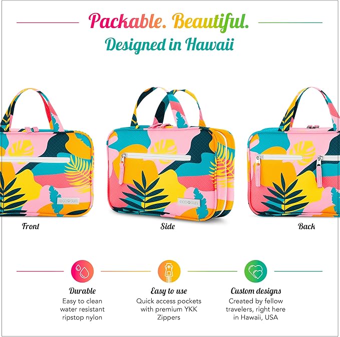 Eco Sun Hanging Travel Toiletry Bag — Designed in Hawaii — Water-resistant Travel Organizer for Bathroom Accessories (Tropical Vacay)