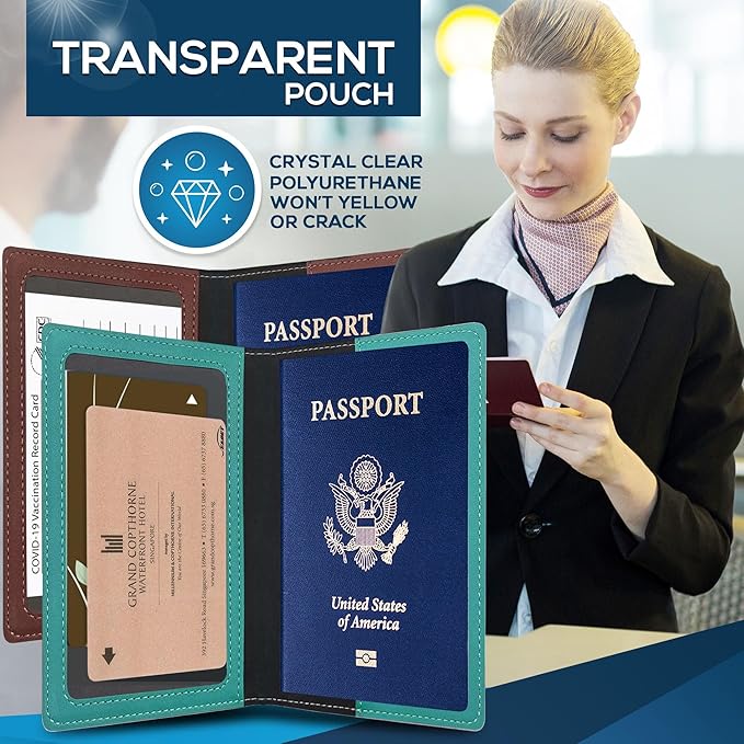 Ciana Passport Holder for Travel – PU Leather Passport Cover and Card Holder for Men & Women – Slim Passport Holder with Card Protector Slot, Travel Must Haves (Brown and Turquoise)