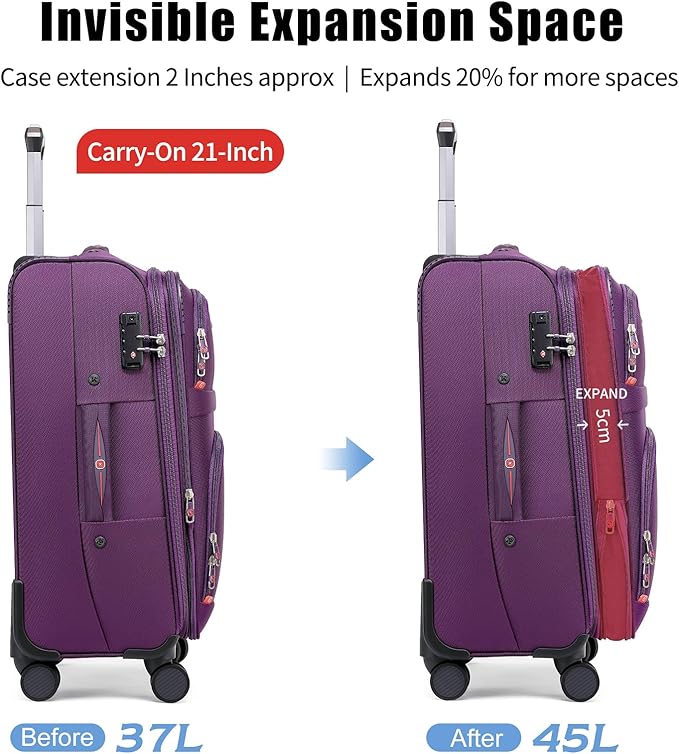 Softside Expandable Luggage with 4 Spinner Wheels, Durable Carry-On Luggage Suitcase (Purple, 21-Inch)