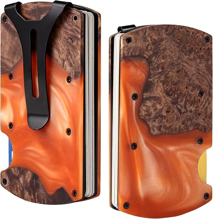 Wallet for Men, Minimalist Slim RFID Blocking Resin Wood Credit Card Holder with Money Clip, Easily Removable Cash&Card Metal Wallet,Resin River,Natuarl Walnut Wood,Unique Pattern,Gift for Men