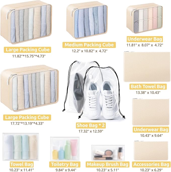 All-in-One 22 Pcs Packing Cubes for Travel Essentials –Includes Cubes,toothbrush covers，Silicone Bottle Cover,zipper bags, Matte Cosmetic Bag, Drawstring bag for Carry-On & Suitcase
