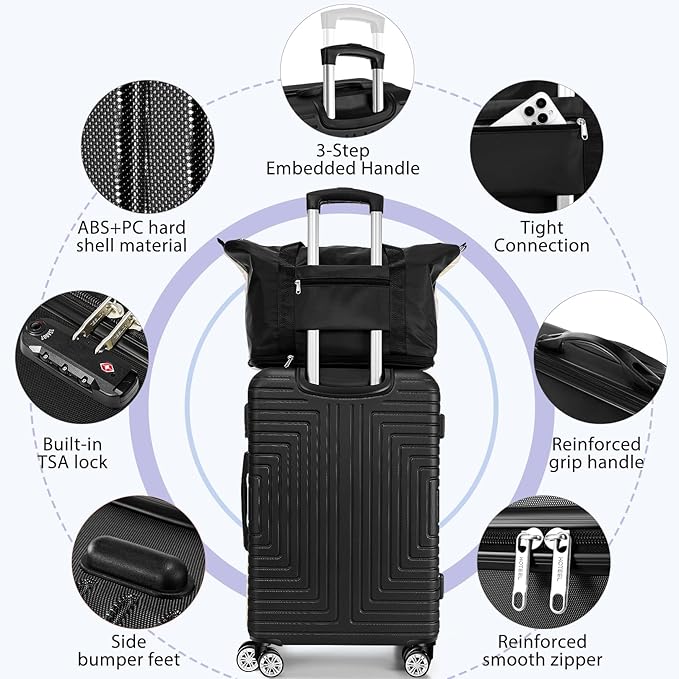 Hoteel Luggage Sets 3 Piece ABS+PC Hardside, 4-Year Warranty, Luggage Set with Dual-Spinner Wheels, TSA Lock, Lightweight Carry on Luggage, 20" Suitcase with Duffel & Organizer, Black