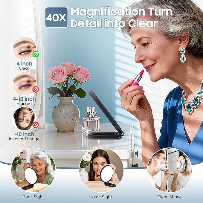 B Beauty Planet 40X Magnifying Mirror, Hand Mirror for Makeup, Double Sided with 40X/1X Magnification, Travel Essential, Portable Foldable for Desktop and Bathroom, Gift for Women, Black