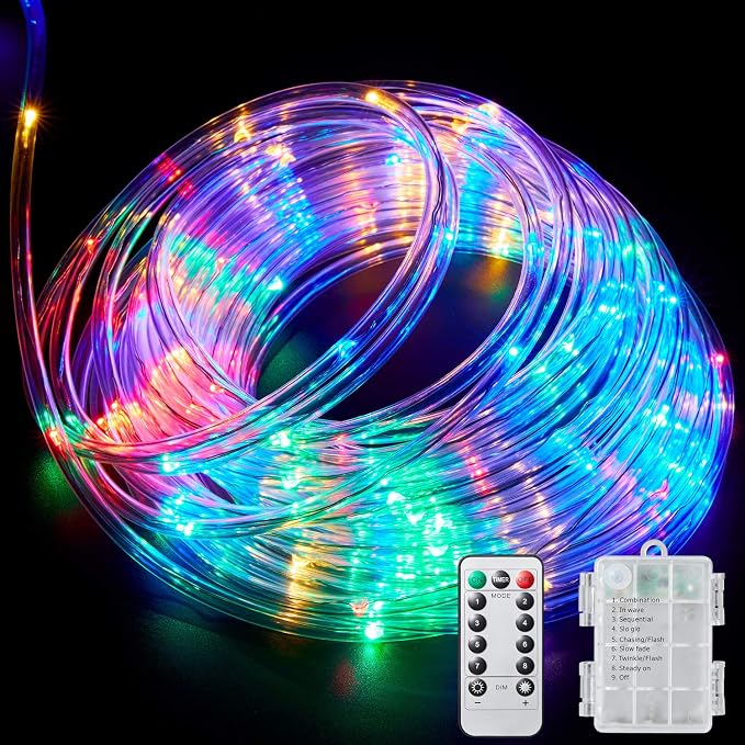LED Rope Lights Battery Powered String Lights Outdoor with 8 Modes | 120LED 40ft Battery Operated Fairy Lights with Remote &Timer, IP65 Waterproof for Holiday Wedding Patio Decoration