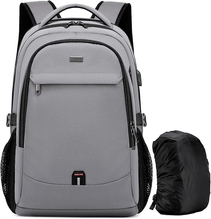 DUSLANG 17 Inch Laptop Backpack for Travel Water Resistant College Backpack for Men/Women Laptop Bag with USB Charging Port and Rain Cover,light grey
