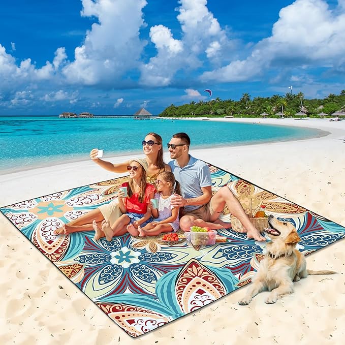 Beach Blanket Waterproof Sandproof Beach Mat for 1-8 Adults Quick Drying Durable Outdoor Picnic Mat for Beach Festival Travel Camping Hiking (Flourishing Blossom-R&GN, 79"×83"(4 Person))