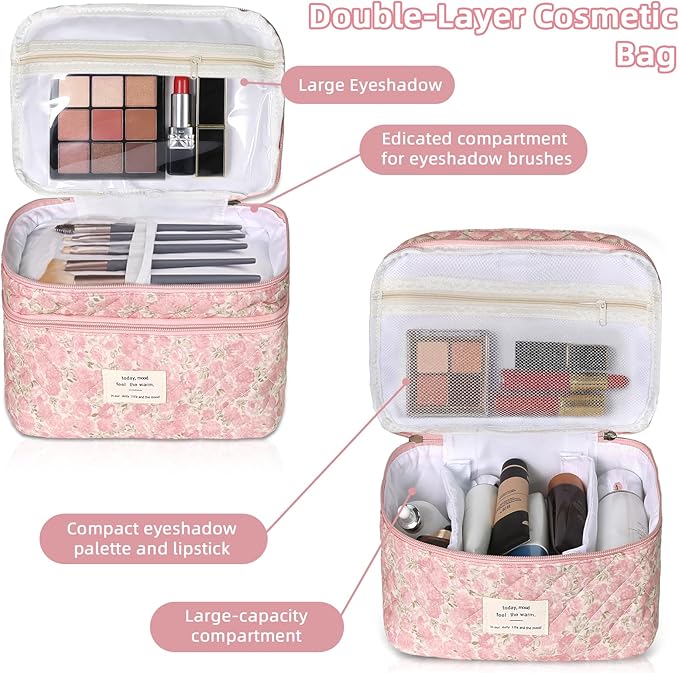 Makeup Bag, Portable Travel Make up Bag, Large Capacity Quilted Cosmetic Organizer Bag, Cute Floral Toiletry Bag for Women Girls (Pink Floral)