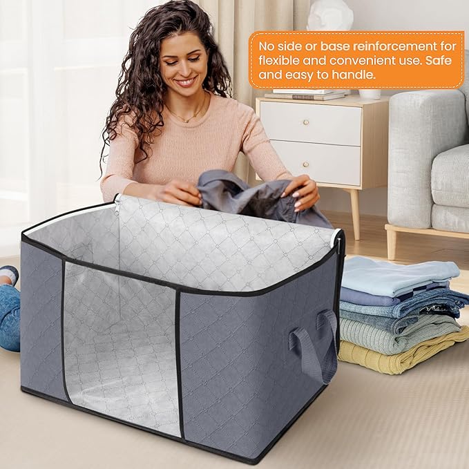 Fab totes 24 Gallons Clothes Storage, Foldable Thick Fabric Blanket Storage Bags, Containers for Organizing Bedroom, Closet, Clothing, Comforter, Organization with Handle (10 Pack,Grey)