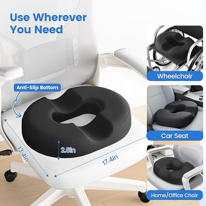 Donut Pillow for Tailbone Pain, Hemorrhoids - Cooling Gel Memory Foam Chair Seat Cushion for Office, Home & Wheelchair, Ergonomic Chair Pad for Pregnancy, Sciatica, Coccyx (Large, Black)