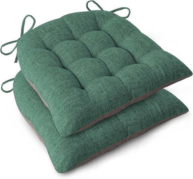 Chair Cushions for Dining Chairs Set of 2 Durable D-Shaped Seat Cushions with Non-Slip Backing Secure Ties Thick Cozy Seat Pad for Kitchen Dining Room Office(18x16.5x3in Green)