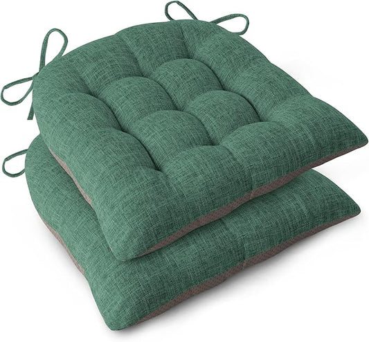 Chair Cushions for Dining Chairs Set of 2 Durable D-Shaped Seat Cushions with Non-Slip Backing Secure Ties Thick Cozy Seat Pad for Kitchen Dining Room Office(18x16.5x3in Green)