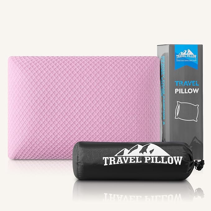 Travel Pillow Memory Foam Pillows, Camping Pillow-Compressible Medium Firm, Breathable Cover, Ideal Backpacking Hiking, Bed Pillows, Airplane and Car (Apricot Pink, S)