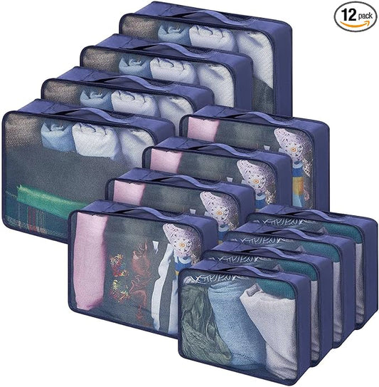 Silkfly 12 Pcs Packing Cubes for Suitcase Travel Luggage Bags Bulk Mesh Organizer Set for Hiking Camping Backpacking Clothes Accessories (Navy Blue,XL, L, M Size)