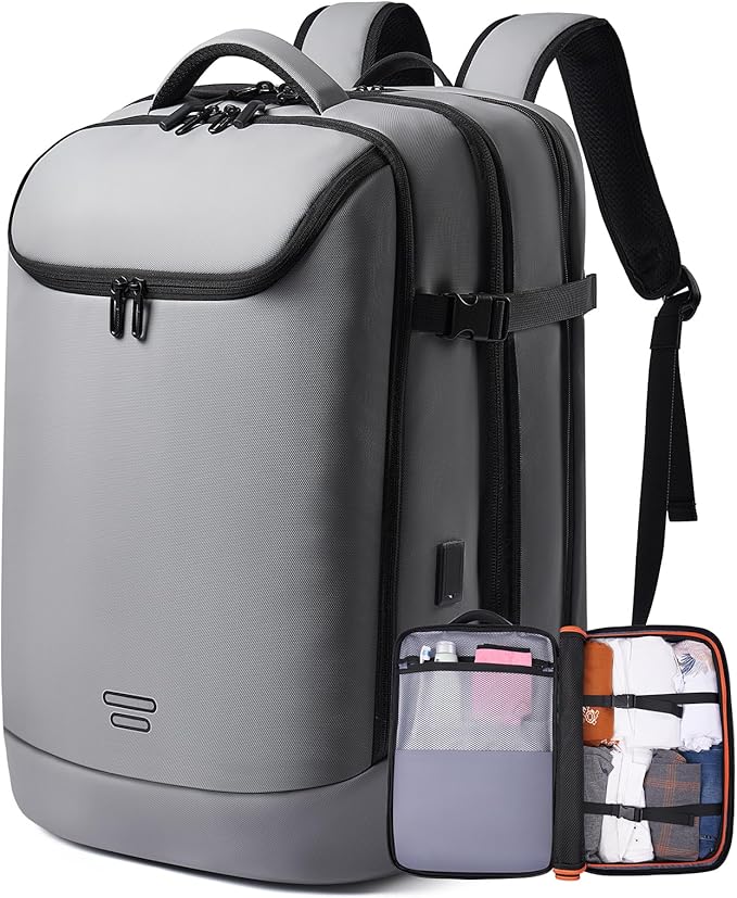 TANGCORLE Carry on Backpack Airline Approved for Men, Travel 50L Expandable backpack Luggage Fits 17.3 Inch Laptop with USB Charging Port(grey)