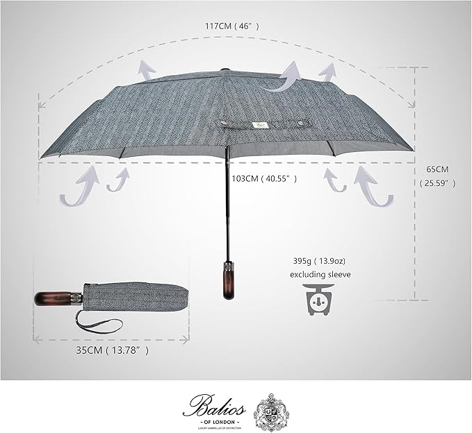 Balios Travel Folding Umbrella with Real Wood Handle Auto Open Close Vented Windproof Canopy - Designed in UK