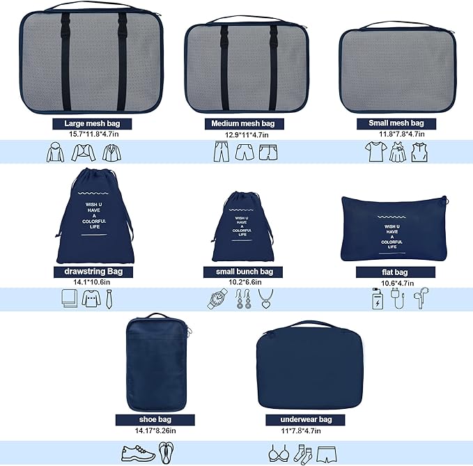 8 Set Packing Cubes for Suitcases, kingdalux Navy Blue Travel Luggage Packing Organizers with Laundry Bag, Compression Storage Shoe Bag, Clothing Underwear Bag, for Women & Man