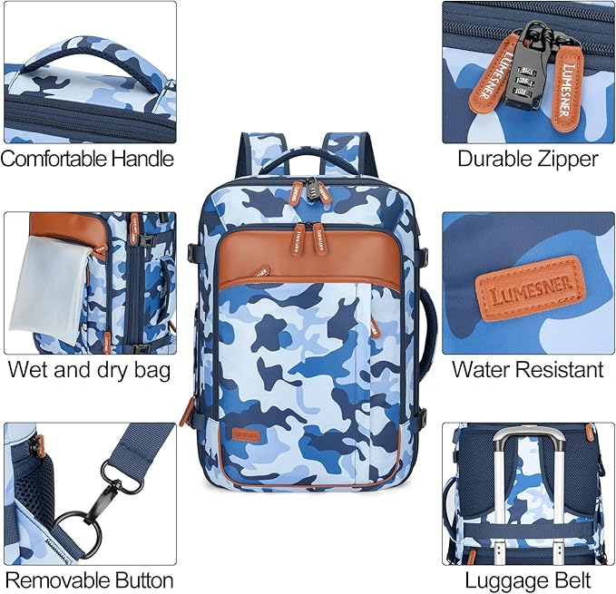 Lumesner Carry on Travel Backpacks, Extra Large 40L Flight Approved for Men & Women,Expandable Suitcase backpack (Camouflage Blue(Backpack With 4 Packing Cubes))