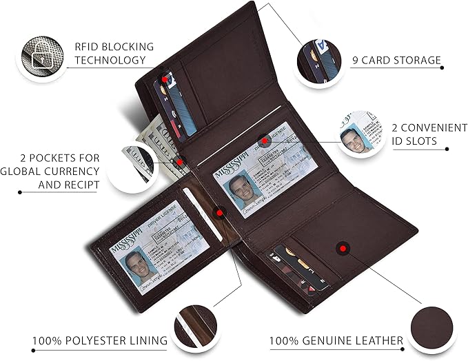 Real Leather Mens Trifold Wallet RFID Blocking Slim Minimalist Front Pocket - Thin & Stylish with ID Window in Gift Box