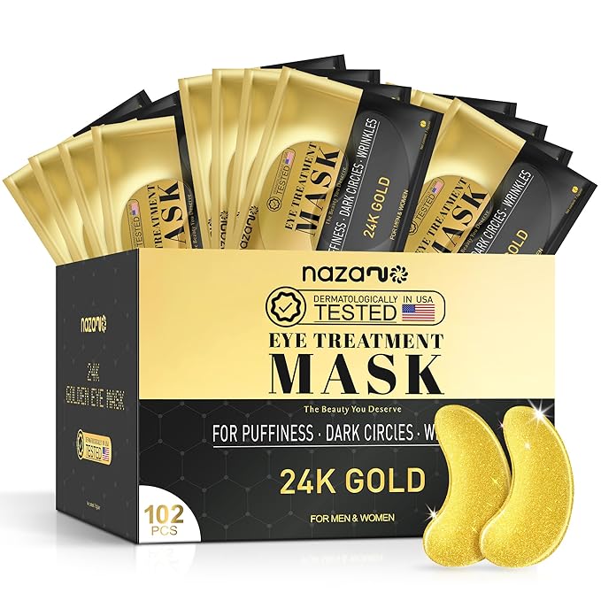 102 Pcs 24K Gold Under Eye Patches for Puffy Eyes, Dark Circles, Bags & Wrinkles with Sodium Hyaluronate - Eye Care Pads for Daily Skincare