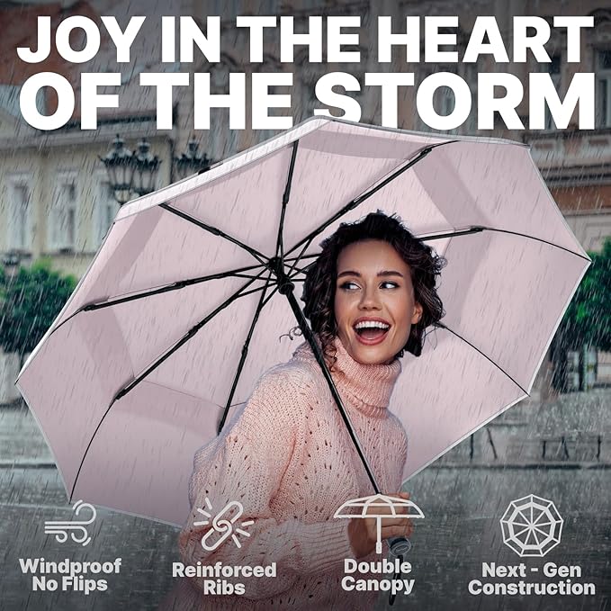 Royal Walk Windproof Folding Travel Umbrella Compact and Strong Luxurious Real Wood Handle Automatic Open Close Vented Double Canopy for Men and Women (Beige)