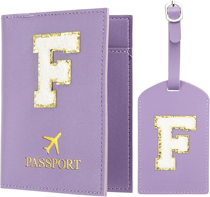 PATIKIL Passport Holder for Travel, Initial Passport Cover and Luggage Tag Set with Alphabet Chenille Letter Patch Travel Wallet Bag Suitcase Identifier for Women Family Travel Purple F
