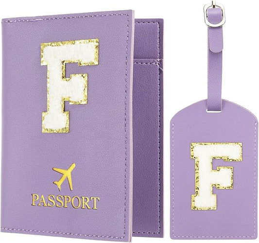 PATIKIL Passport Holder for Travel, Initial Passport Cover and Luggage Tag Set with Alphabet Chenille Letter Patch Travel Wallet Bag Suitcase Identifier for Women Family Travel Purple F